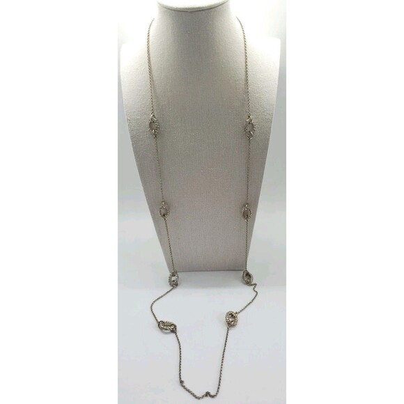 Long Ann Taylor 40" Rhinestone Pave Crystal Necklace VIntage Silver Tone Boho - Picture 2 of 9